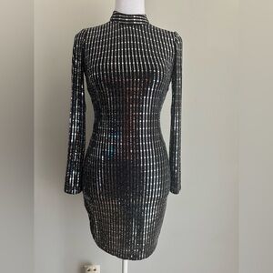 Sequin Hearts Pleated Black Mini Dress Open Back Long Sleeve Women Junior Sz 1